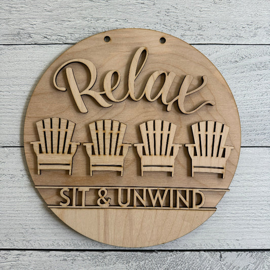 Wooden door hanger with 'Relax Sit & Unwind' text and chair 
